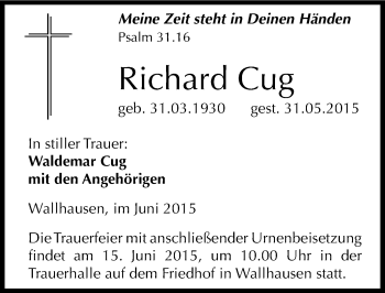 Traueranzeige von Richard Cug von Mitteldeutsche Zeitung Sangerhausen