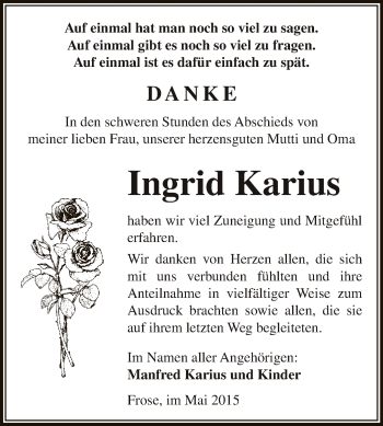 Traueranzeige von Ingrid Karius von Super Sonntag Aschersleben