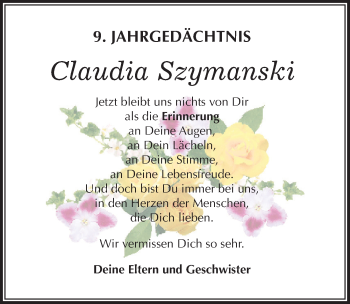 Traueranzeige von Claudia Szymanski von Mitteldeutsche Zeitung Mansfelder Land