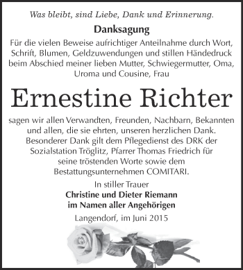 Traueranzeige von Ernestine Richter von Super Sonntag Zeitz