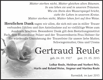 Traueranzeige von Gertraud Reule von WVG - Wochenspiegel Merseburg