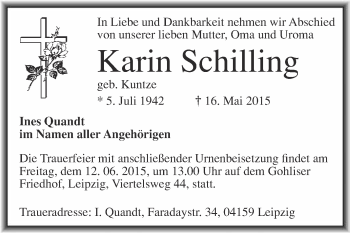 Traueranzeige von Karin Schilling von WVG - Wochenspiegel Merseburg