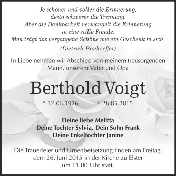 Traueranzeige von Berthold Voigt von WVG - Wochenspiegel Wittenberg