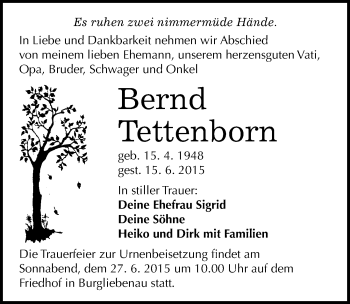 Traueranzeige von Bernd Tettenborn von Mitteldeutsche Zeitung Merseburg/Querfurt