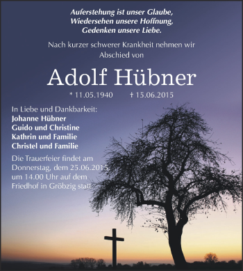 Traueranzeige von Adolf Hübner von WVG - Wochenspiegel Dessau / Köthen