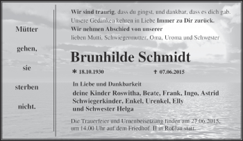 Traueranzeige von Brunhilde Schmidt von WVG - Wochenspiegel Dessau / Köthen