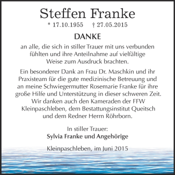 Traueranzeige von Steffen Franke von WVG - Wochenspiegel Dessau / Köthen