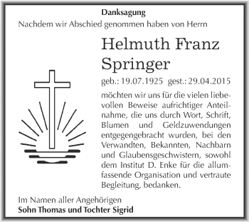 Traueranzeige von Helmuth Franz Springer von WVG - Wochenspiegel Dessau / Köthen