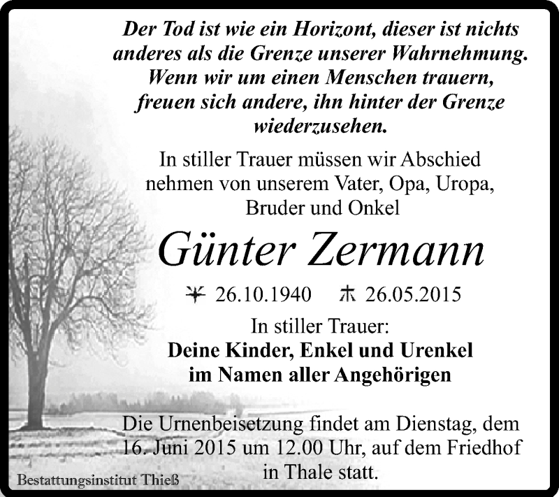  Traueranzeige für Günter Zermann vom 07.06.2015 aus Super Sonntag Quedlinburg