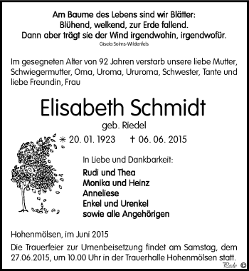 Traueranzeige von Elisabeth Schmidt von Mitteldeutsche Zeitung Weißenfels