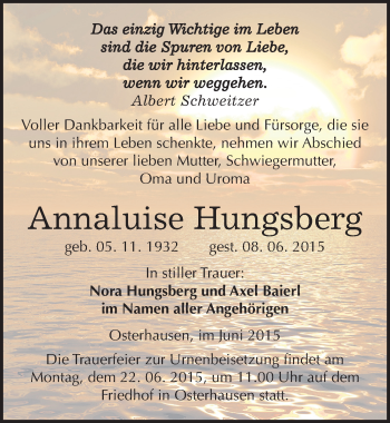 Traueranzeige von Annaluise Hungsberg von Mitteldeutsche Zeitung Merseburg/Querfurt