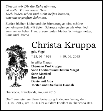 Traueranzeige von Christa Kruppa von Mitteldeutsche Zeitung Naumburg/Nebra
