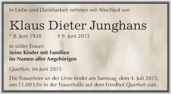 Traueranzeige von Klaus Dieter Junghans von WVG - Wochenspiegel Merseburg