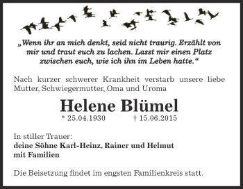 Traueranzeige von Helene Blümel von WVG - Wochenspiegel Dessau / Köthen