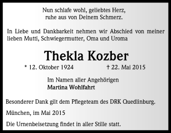 Traueranzeige von Thekla Kozber von Super Sonntag Quedlinburg