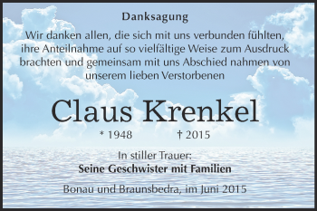 Traueranzeige von Claus Krenkel von WVG - Wochenspiegel Merseburg