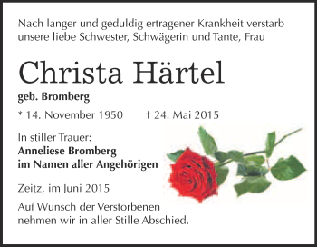 Traueranzeige von Christa Härtel von WVG - Wochenspiegel NMB / WSF / ZTZ
