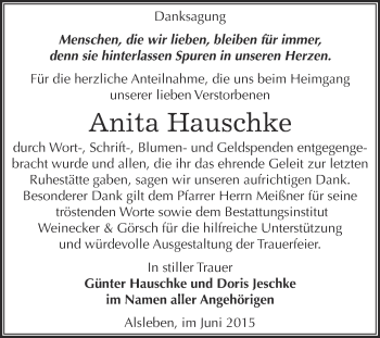Traueranzeige von Anita Hauschke von Super Sonntag Bernburg