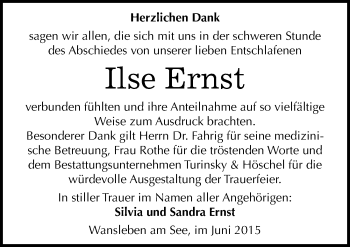 Traueranzeige von Ilse Ernst von Mitteldeutsche Zeitung Mansfelder Land