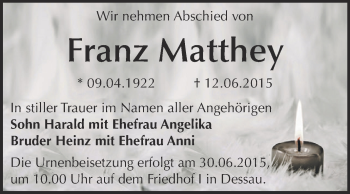 Traueranzeige von Franz Matthey von WVG - Wochenspiegel Dessau / Köthen