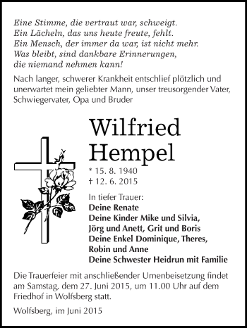 Traueranzeige von Wilfried Hempel von Super Sonntag SGH Mansf. Land