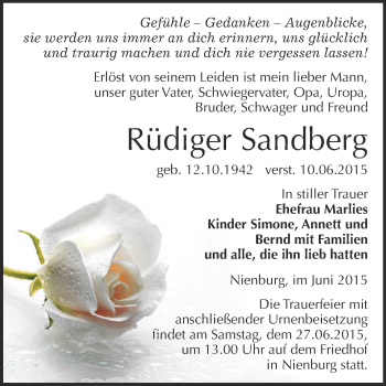Traueranzeige von Rüdiger Sandberg von Super Sonntag Bernburg