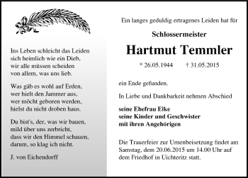 Traueranzeige von Hartmut Temmler von Mitteldeutsche Zeitung Weißenfels
