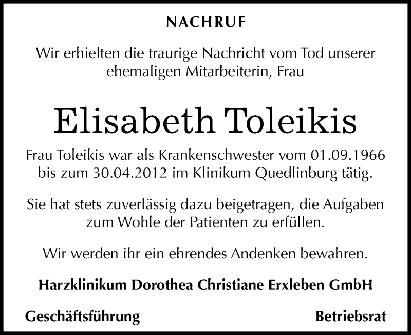  Traueranzeige für Elisabeth Toleikis vom 16.06.2015 aus Mitteldeutsche Zeitung Quedlinburg