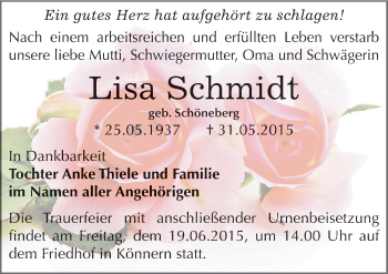 Traueranzeige von Lisa Schmidt von Mitteldeutsche Zeitung Bernburg