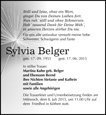 Traueranzeige von Sylvia Belger von Mitteldeutsche Zeitung Köthen