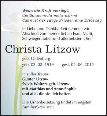 Traueranzeige von Christa Litzow von Mitteldeutsche Zeitung Köthen
