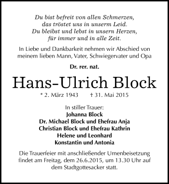 Traueranzeige von Hans-Ulrich Block von Mitteldeutsche Zeitung