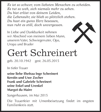 Traueranzeige von Gert Schreinert von Super Sonntag SGH Mansf. Land