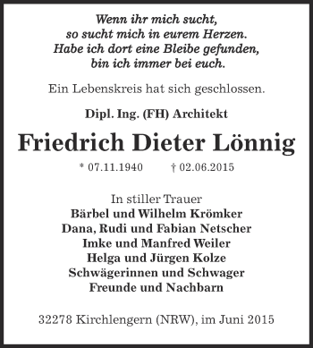 Traueranzeige von Friedrich Dieter Lönnig von WVG - Wochenspiegel Dessau / Köthen