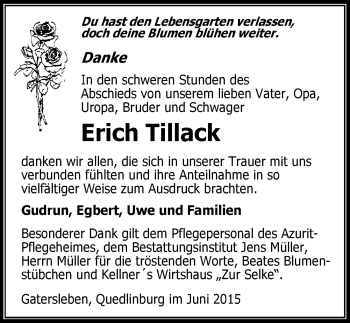 Traueranzeige von Erich Tillack von Mitteldeutsche Zeitung Aschersleben