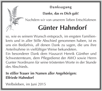 Traueranzeige von Günter Hahndorf von Super Sonntag SGH Mansf. Land