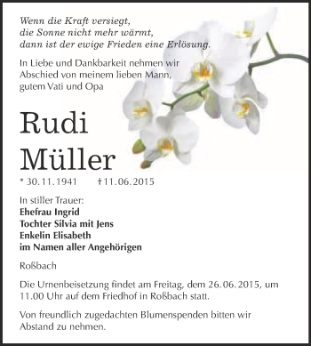 Traueranzeige von Rudi Müller von WVG - Wochenspiegel NMB / WSF / ZTZ