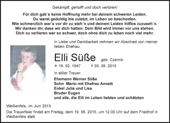 Traueranzeige von Elli Süße von WVG - Wochenspiegel NMB / WSF / ZTZ