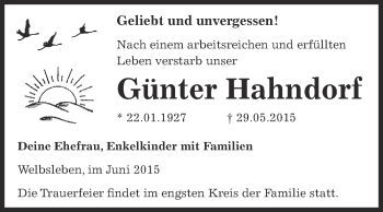 Traueranzeige von Günter Hahndorf von Super Sonntag SGH Mansf. Land