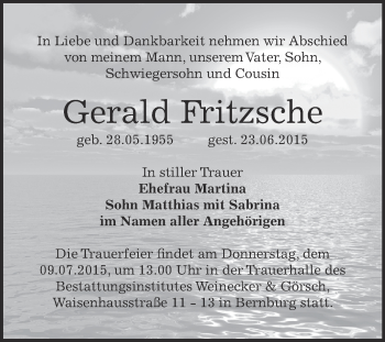 Traueranzeige von Gerald Fritzsche von Super Sonntag Bernburg