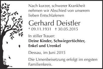Traueranzeige von Gerhard Deistler von WVG - Wochenspiegel Dessau / Köthen