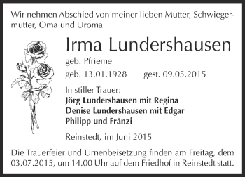 Traueranzeige von Irma Lundershausen von Super Sonntag Aschersleben