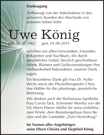 Traueranzeige von Uwe König von Mitteldeutsche Zeitung Sangerhausen