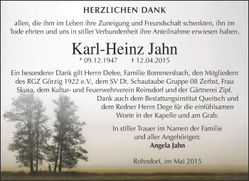 Traueranzeige von Karl-Heinz Jahn von WVG - Wochenspiegel Dessau / Köthen