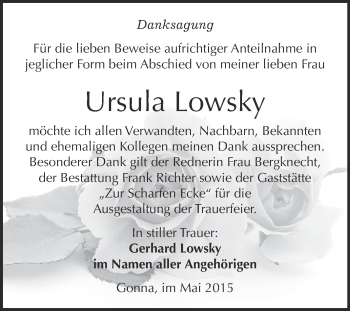 Traueranzeige von Ursula Lowsky von Super Sonntag SGH Mansf. Land
