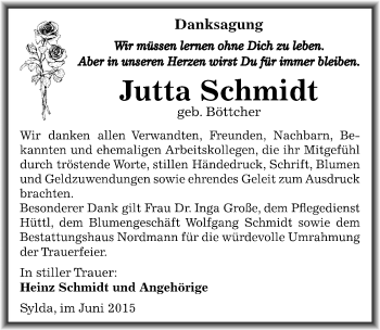 Traueranzeige von Jutta Schmidt von Mitteldeutsche Zeitung Mansfelder Land