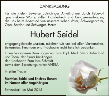 Traueranzeige von Hubert Seidel von Super Sonntag Zeitz