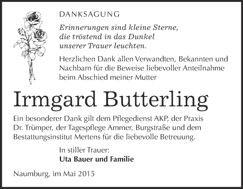  Traueranzeige für Irmgard Butterling vom 03.06.2015 aus WVG - Wochenspiegel NMB / WSF / ZTZ