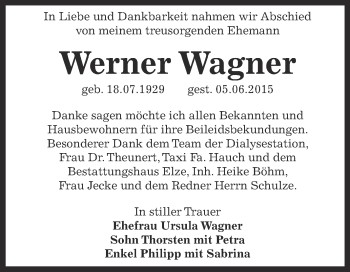 Traueranzeige von Werner Wagner von WVG - Wochenspiegel Dessau / Köthen