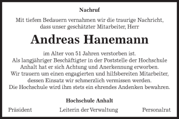 Traueranzeige von Andreas Hanemann von WVG - Wochenspiegel Dessau / Köthen